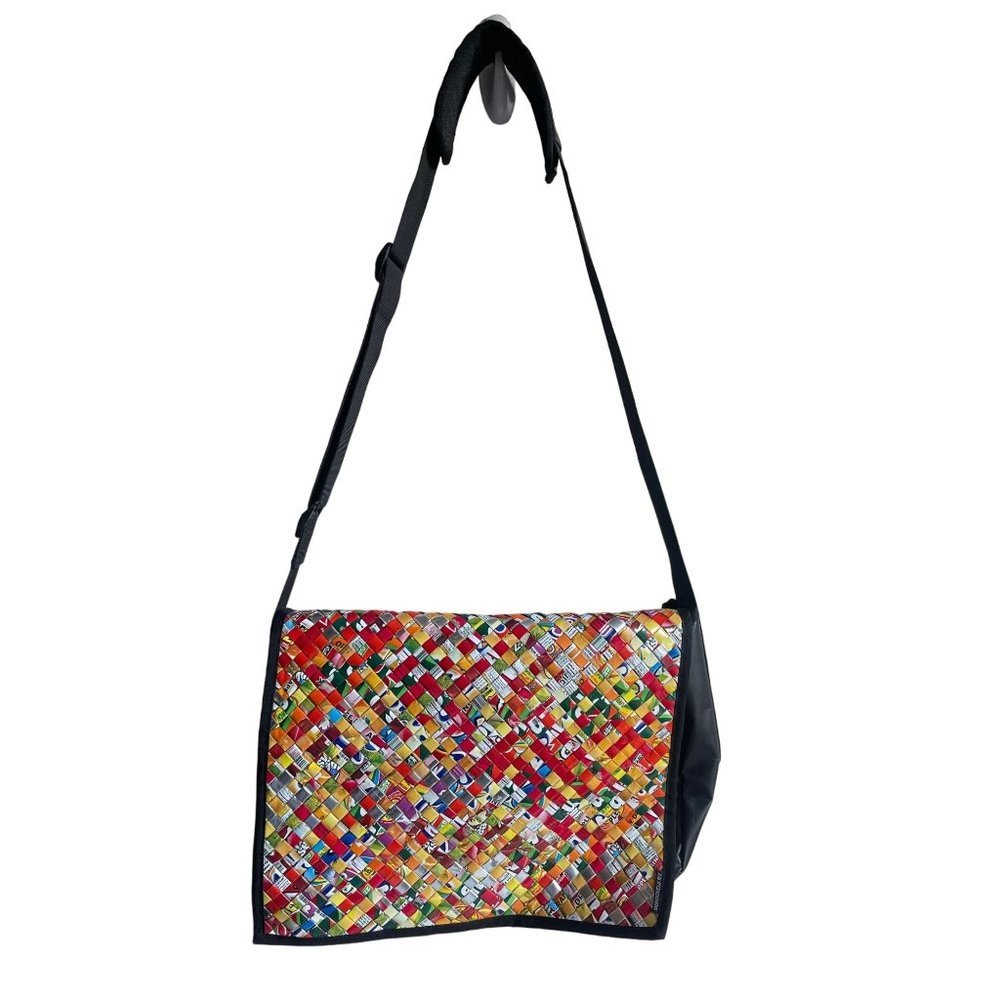 Colorful Woven Crossbody Messenger Bag - Black Trim